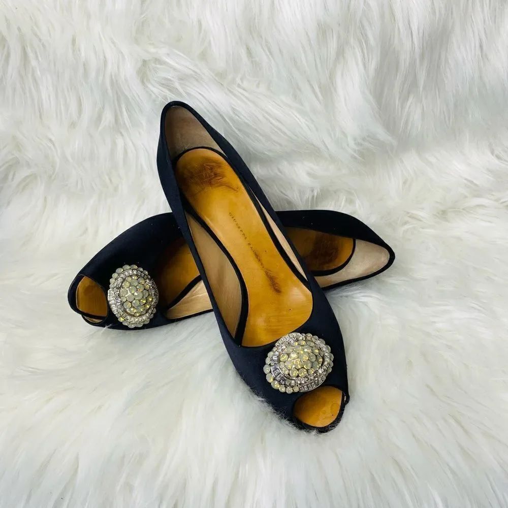 🛍️ Giuseppe Zanotti Satin Crystal Embellishments Peep Toe Pumps